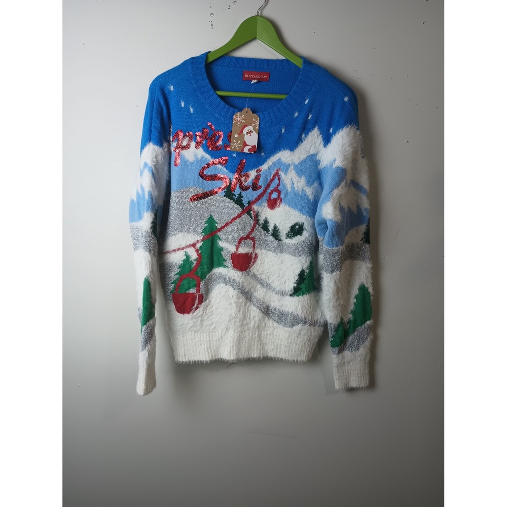 Blizzard Bay Womens Apres Ski Sweater Blue Mountain Sequin Metallic NWT L